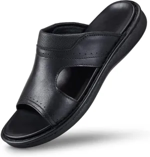 FIEEIF Men's Leather Slides Open Toe Outdoor Slippers Comfort Arch Support Retro Casual Flip Flops Summer Fisherman Slip On Sandals for Men