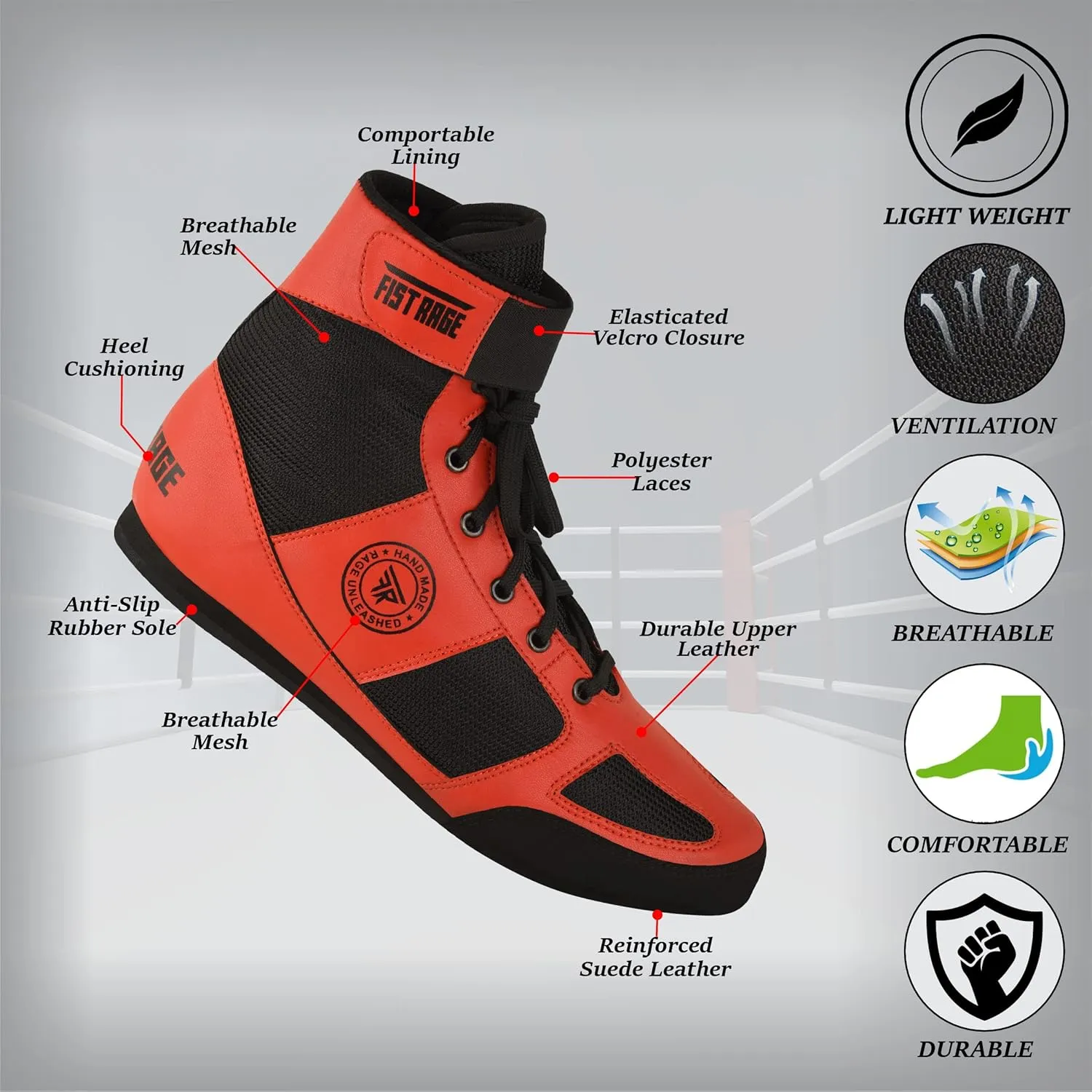 FISTRAGE Boxing Shoes Leather Kick Fighting Training Mesh Unisex Pro Men's and Youth Genuine Light Weight Boot | Shoe for Adults