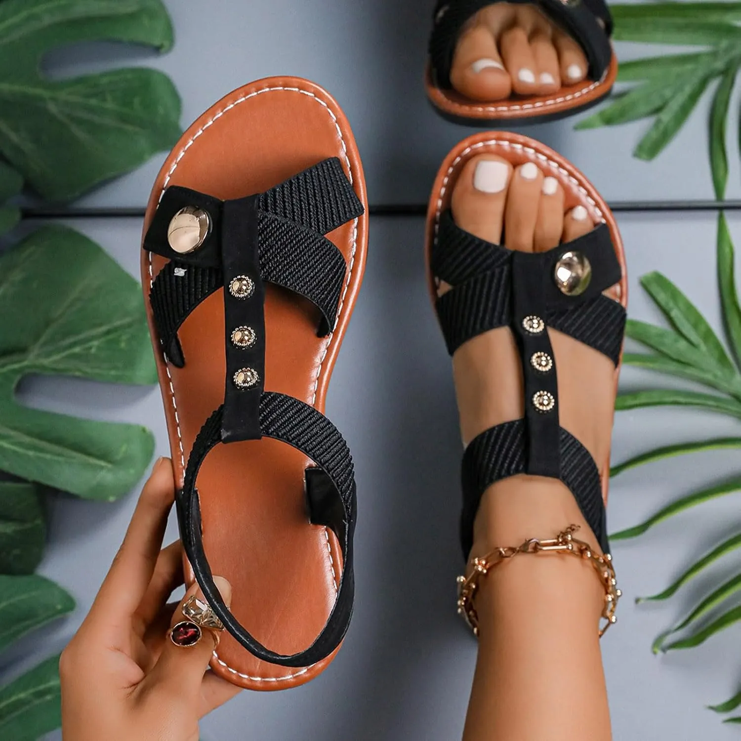 Flat Sandals for Women Summer Dressy Slip On Bohemian Sandals Comfortable Wide Width Dress Shoes Open Toe Cross Strap Beach Shoes