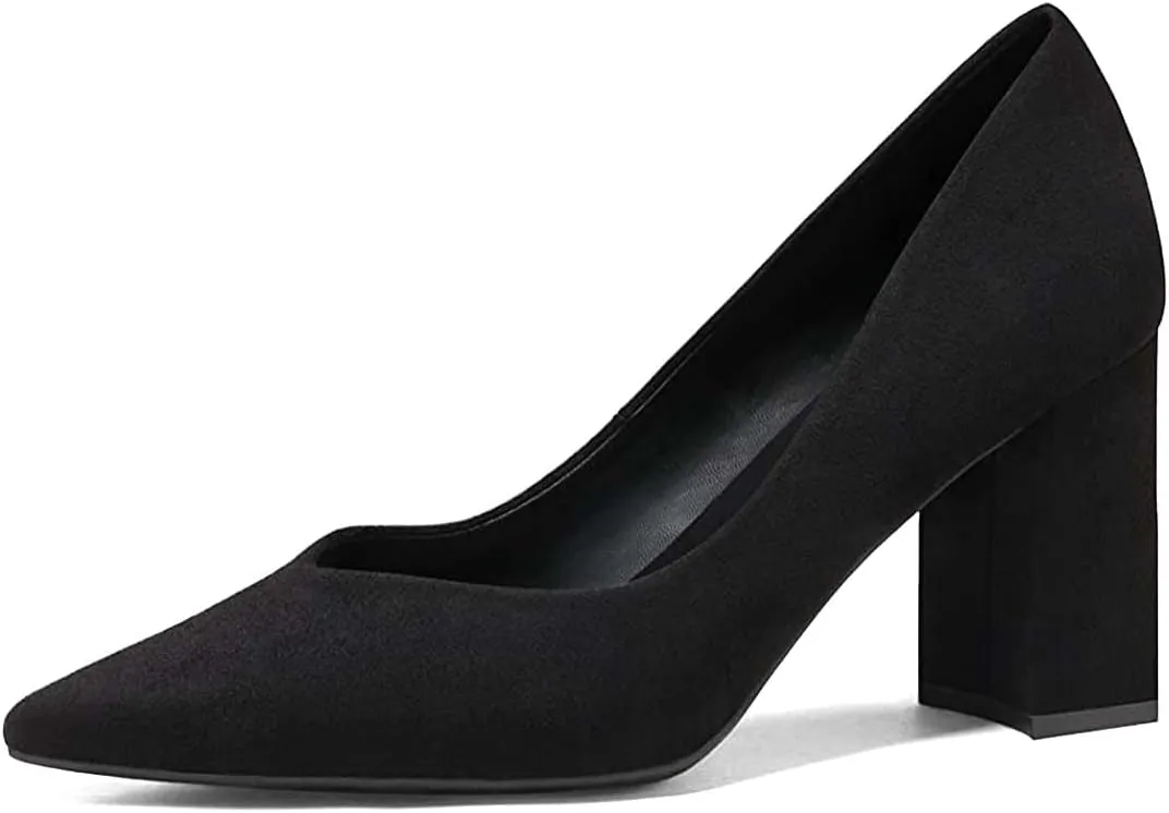 FOWT Women Classic Pointed Toe Pumps Slip on Chunky Block High Heels Office Ladies Formal Wear Event Shoes Size 4-15 US