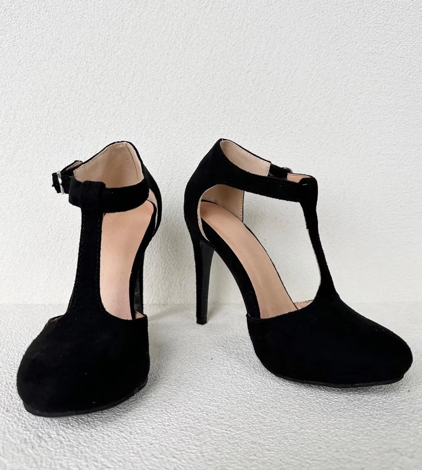 Frankie Hsu Ladeis Unisex Sexy Elegant Classic Stiletto High Heeled Pumps, Cute Lovely Black Suede Mary Jane T-Srap, Big Large Size US4-19 Dressy Spike Ankle Shoes for Women Men