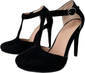 Frankie Hsu Ladeis Unisex Sexy Elegant Classic Stiletto High Heeled Pumps, Cute Lovely Black Suede Mary Jane T-Srap, Big Large Size US4-19 Dressy Spike Ankle Shoes for Women Men