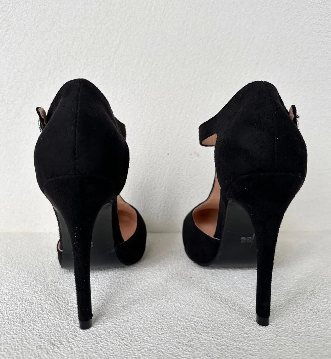 Frankie Hsu Ladeis Unisex Sexy Elegant Classic Stiletto High Heeled Pumps, Cute Lovely Black Suede Mary Jane T-Srap, Big Large Size US4-19 Dressy Spike Ankle Shoes for Women Men