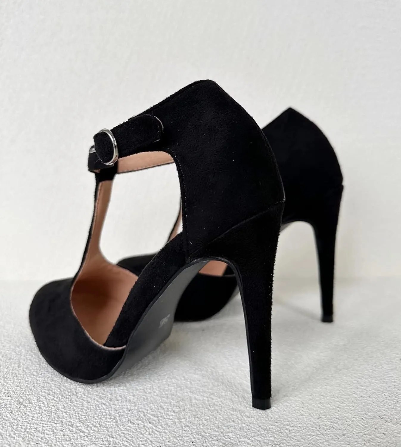 Frankie Hsu Ladeis Unisex Sexy Elegant Classic Stiletto High Heeled Pumps, Cute Lovely Black Suede Mary Jane T-Srap, Big Large Size US4-19 Dressy Spike Ankle Shoes for Women Men
