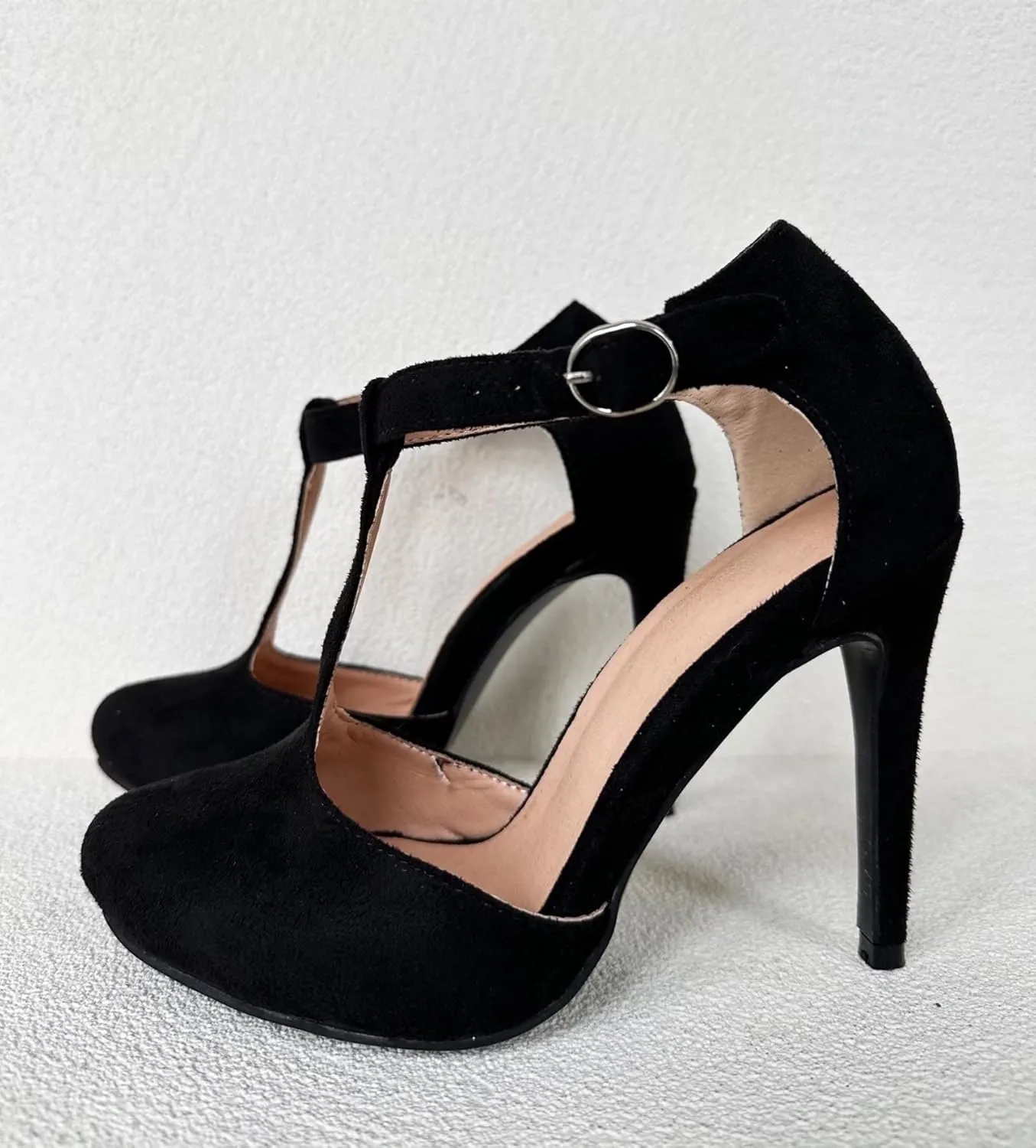Frankie Hsu Ladeis Unisex Sexy Elegant Classic Stiletto High Heeled Pumps, Cute Lovely Black Suede Mary Jane T-Srap, Big Large Size US4-19 Dressy Spike Ankle Shoes for Women Men