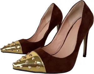 Frankie Hsu Ladies Unisex Sexy Elegant Classic Stiletto High Heeled Pumps, Cute Dark Red Suede Gold Tip Rivets Fashion Style, Big Large Size US4-14 Dressy Spike Shoes for Women Men
