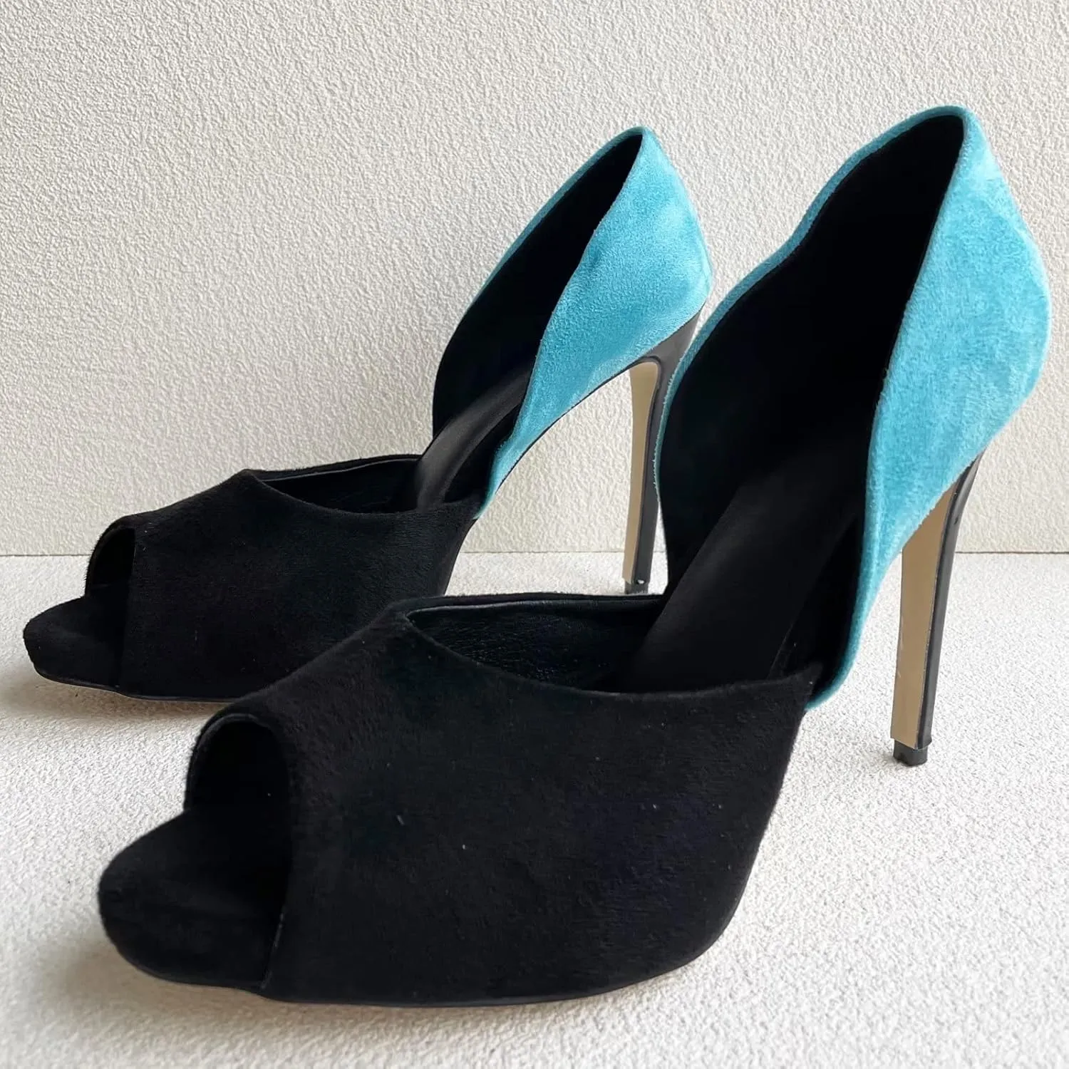 Frankie Hsu Sexy Stiletto Banquet High Heel Pumps, Classic Black Blue Faux Suede Fashion High Heeled Women Sandal Shoe, Big Large Size Designer Peep Toe Spike Pumps for Women Men