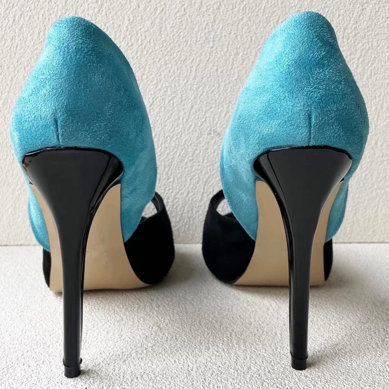 Frankie Hsu Sexy Stiletto Banquet High Heel Pumps, Classic Black Blue Faux Suede Fashion High Heeled Women Sandal Shoe, Big Large Size Designer Peep Toe Spike Pumps for Women Men