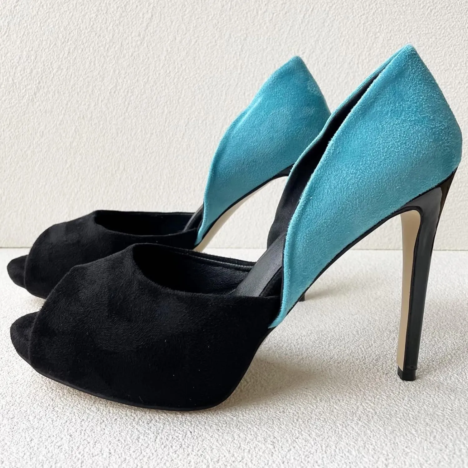 Frankie Hsu Sexy Stiletto Banquet High Heel Pumps, Classic Black Blue Faux Suede Fashion High Heeled Women Sandal Shoe, Big Large Size Designer Peep Toe Spike Pumps for Women Men