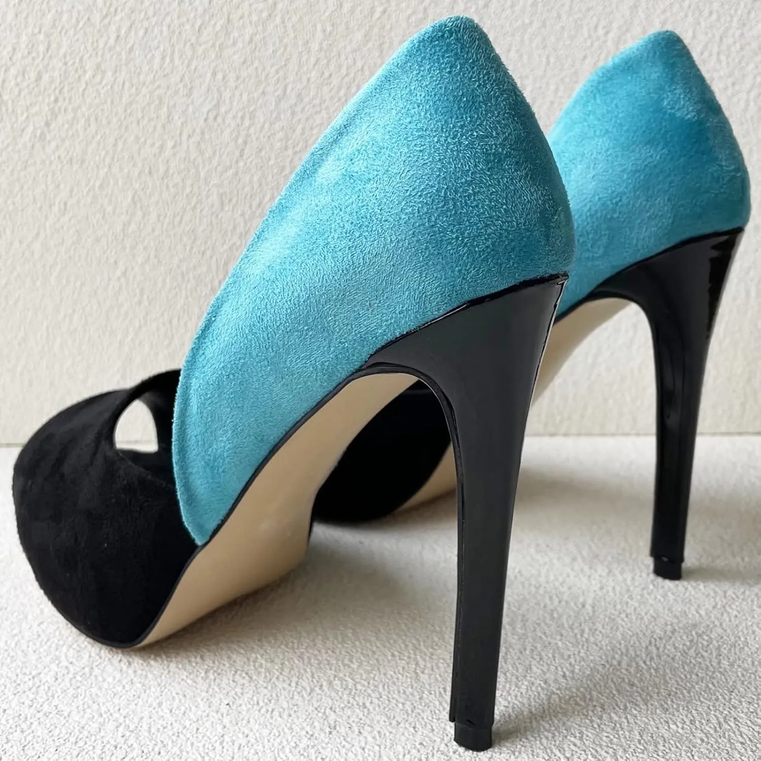Frankie Hsu Sexy Stiletto Banquet High Heel Pumps, Classic Black Blue Faux Suede Fashion High Heeled Women Sandal Shoe, Big Large Size Designer Peep Toe Spike Pumps for Women Men