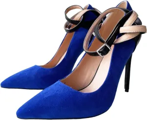 Frankie Hsu Sexy Stiletto High Heeled Pumps, Classic Blue Faux Suede Fashion Ankle Wrap Sandal Style, Big Large Size Designer Spike Shoes for Women Men