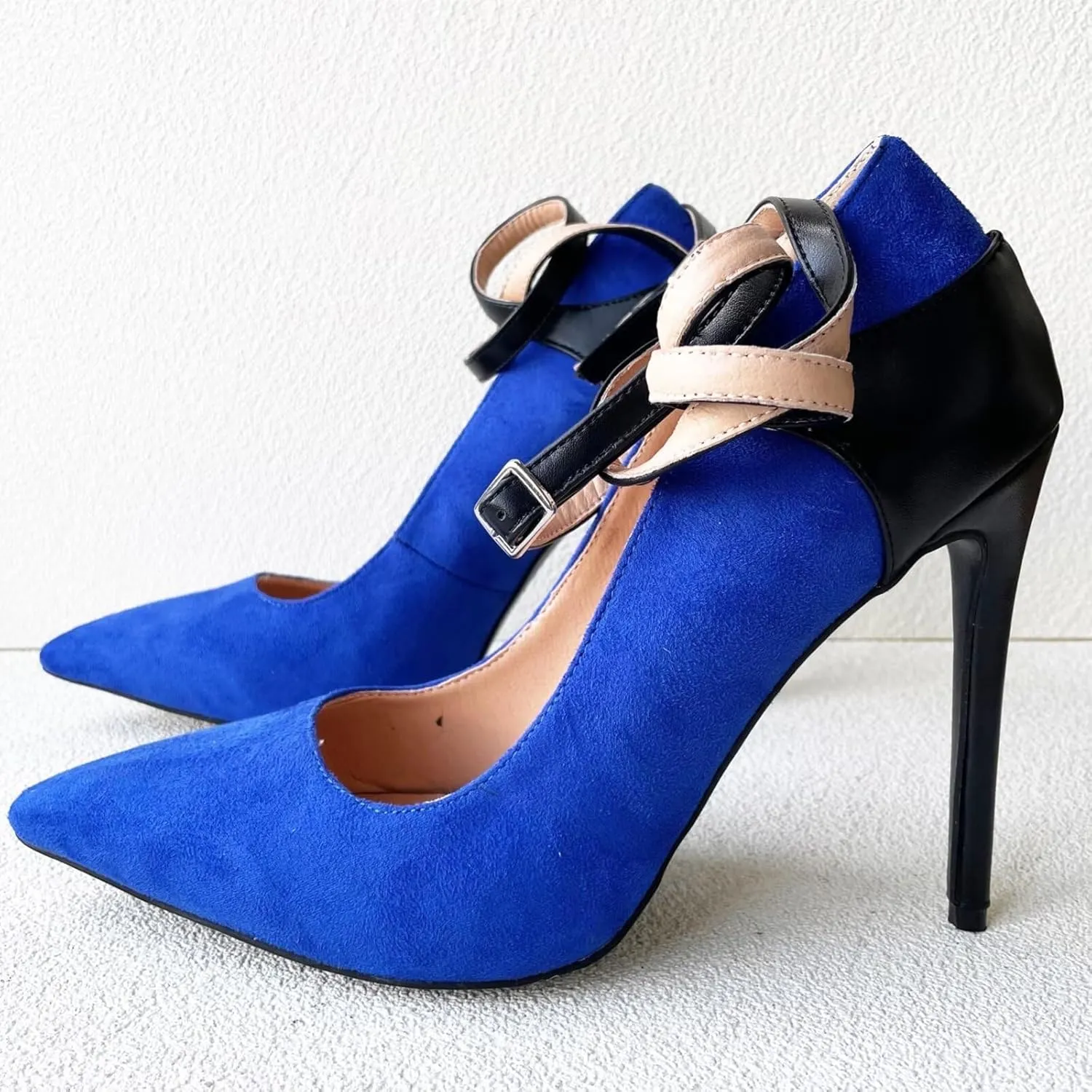 Frankie Hsu Sexy Stiletto High Heeled Pumps, Classic Blue Faux Suede Fashion Ankle Wrap Sandal Style, Big Large Size Designer Spike Shoes for Women Men