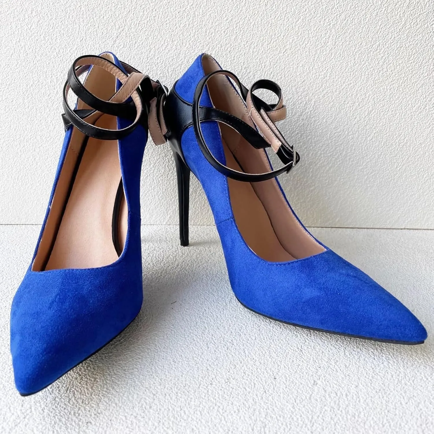 Frankie Hsu Sexy Stiletto High Heeled Pumps, Classic Blue Faux Suede Fashion Ankle Wrap Sandal Style, Big Large Size Designer Spike Shoes for Women Men