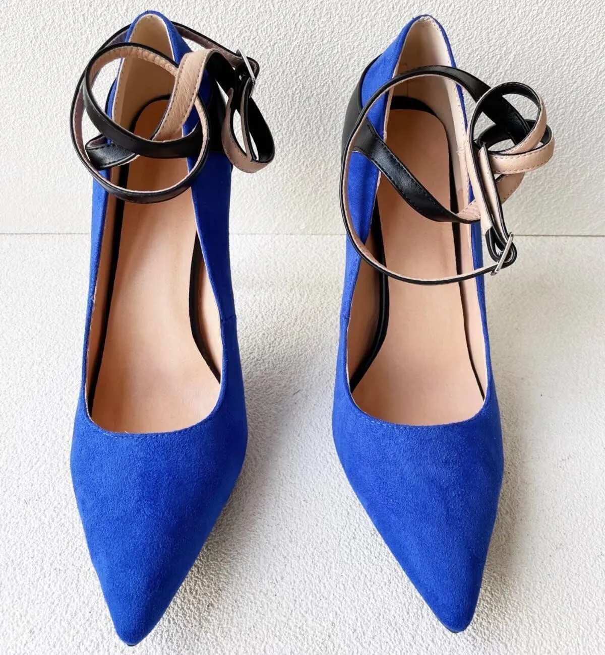 Frankie Hsu Sexy Stiletto High Heeled Pumps, Classic Blue Faux Suede Fashion Ankle Wrap Sandal Style, Big Large Size Designer Spike Shoes for Women Men