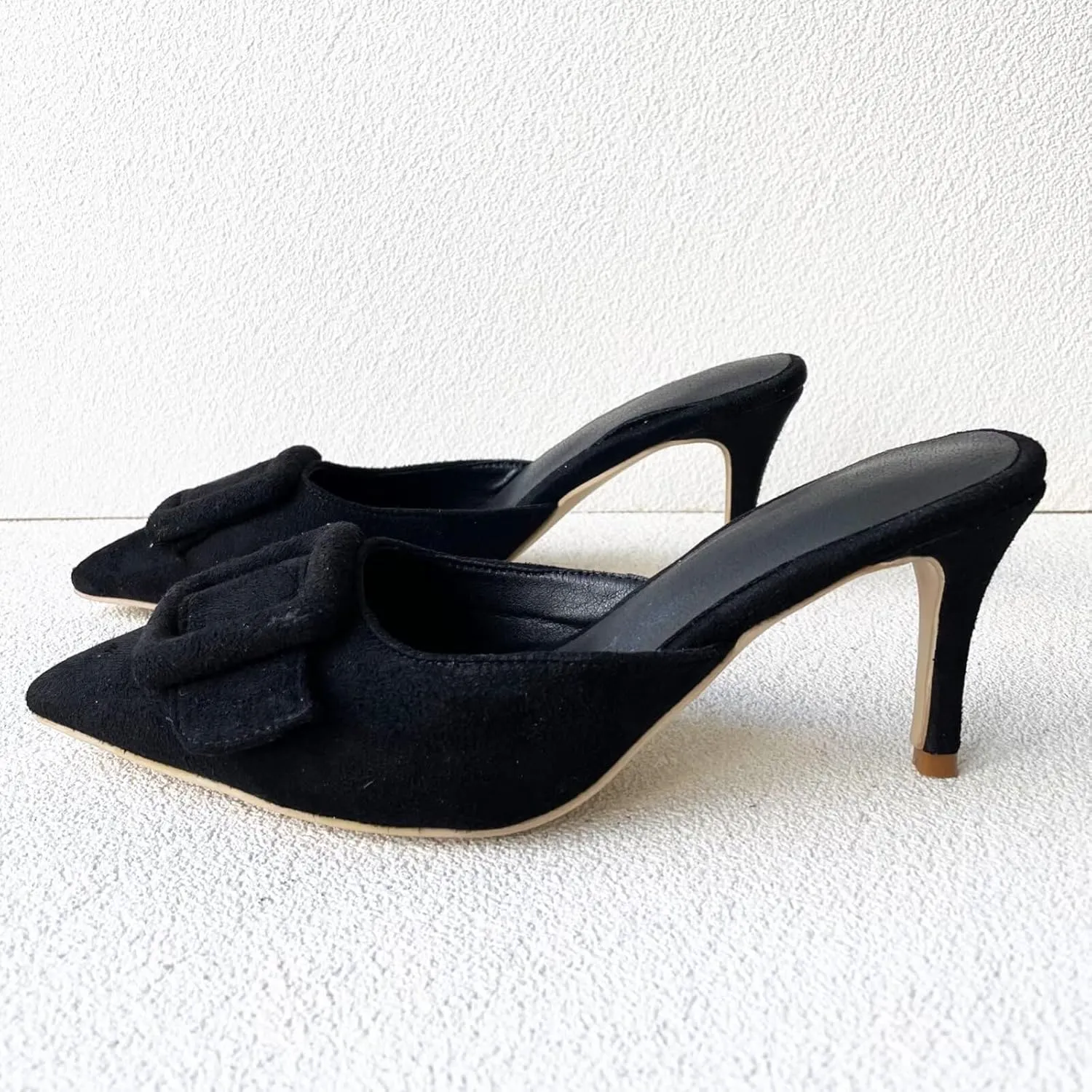 Frankie Hsu Sexy Stiletto High Heeled Slipper Sandals, Fashion Stylish Classic Black Faux Suede Style, Big Large Size Dating Dress Buckle Shoes For Women Men US4-14