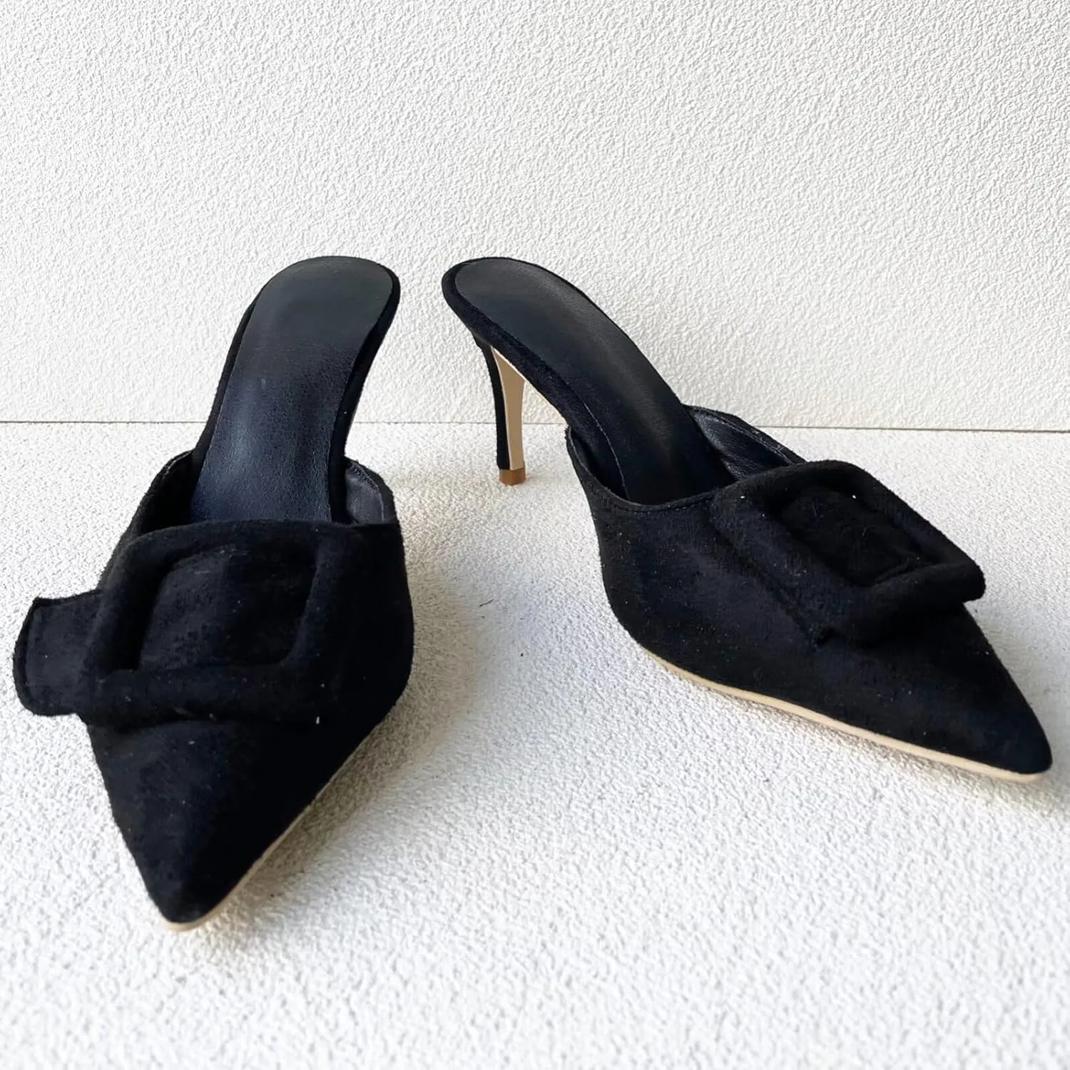 Frankie Hsu Sexy Stiletto High Heeled Slipper Sandals, Fashion Stylish Classic Black Faux Suede Style, Big Large Size Dating Dress Buckle Shoes For Women Men US4-14