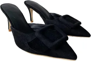 Frankie Hsu Sexy Stiletto High Heeled Slipper Sandals, Fashion Stylish Classic Black Faux Suede Style, Big Large Size Dating Dress Buckle Shoes For Women Men US4-14
