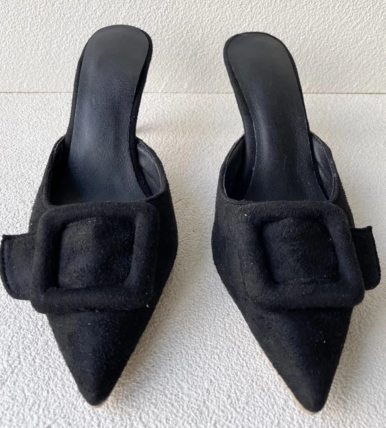 Frankie Hsu Sexy Stiletto High Heeled Slipper Sandals, Fashion Stylish Classic Black Faux Suede Style, Big Large Size Dating Dress Buckle Shoes For Women Men US4-14