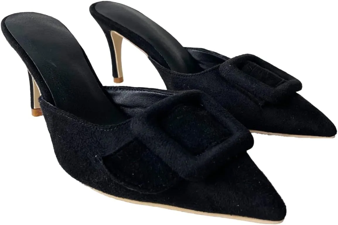 Frankie Hsu Sexy Stiletto High Heeled Slipper Sandals, Fashion Stylish Classic Black Faux Suede Style, Big Large Size Dating Dress Buckle Shoes For Women Men US4-14