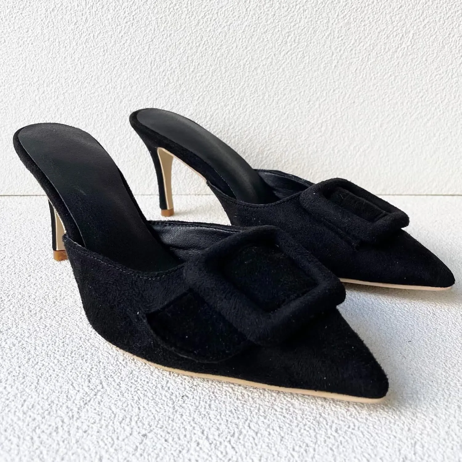 Frankie Hsu Sexy Stiletto High Heeled Slipper Sandals, Fashion Stylish Classic Black Faux Suede Style, Big Large Size Dating Dress Buckle Shoes For Women Men US4-14
