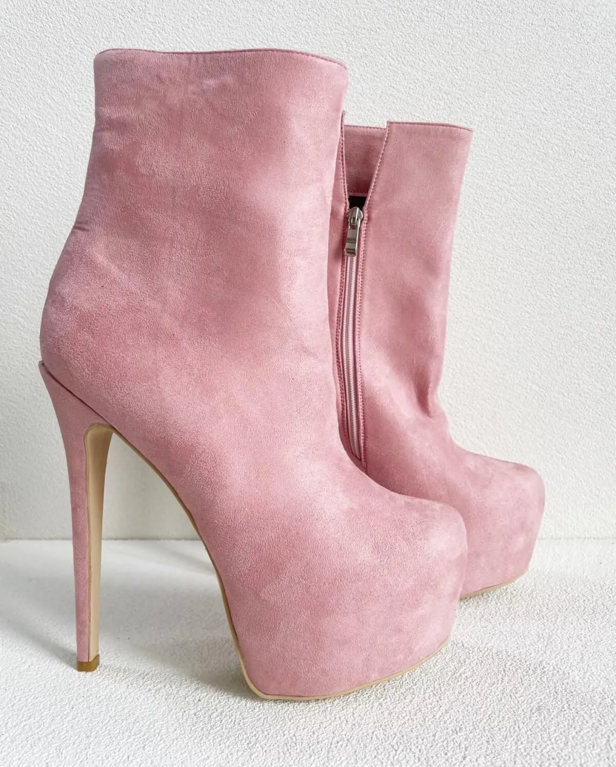Frankie Hsu Sexy Stiletto Platform Super High Heeled Short Boots, Classic Pink Faux Suede Fashion Style, Big Large Size Designer Spike Ankle Bootie For Women US4-19