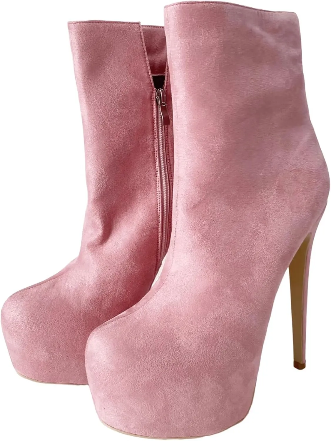 Frankie Hsu Sexy Stiletto Platform Super High Heeled Short Boots, Classic Pink Faux Suede Fashion Style, Big Large Size Designer Spike Ankle Bootie For Women US4-19