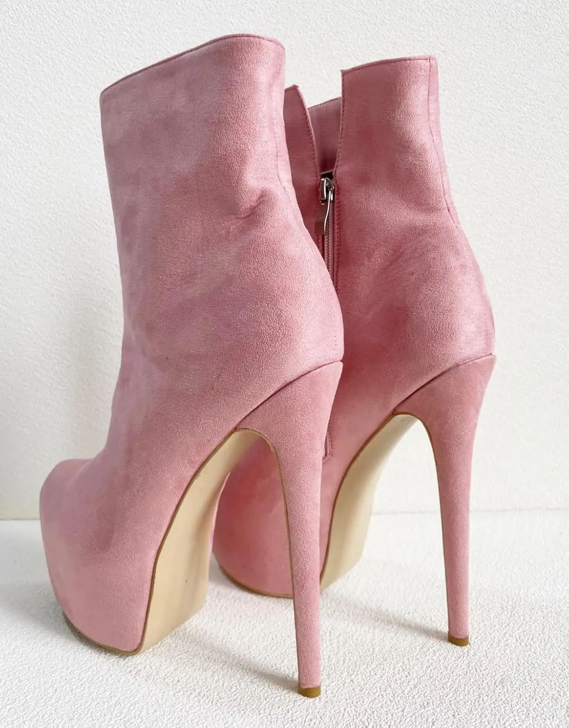 Frankie Hsu Sexy Stiletto Platform Super High Heeled Short Boots, Classic Pink Faux Suede Fashion Style, Big Large Size Designer Spike Ankle Bootie For Women US4-19