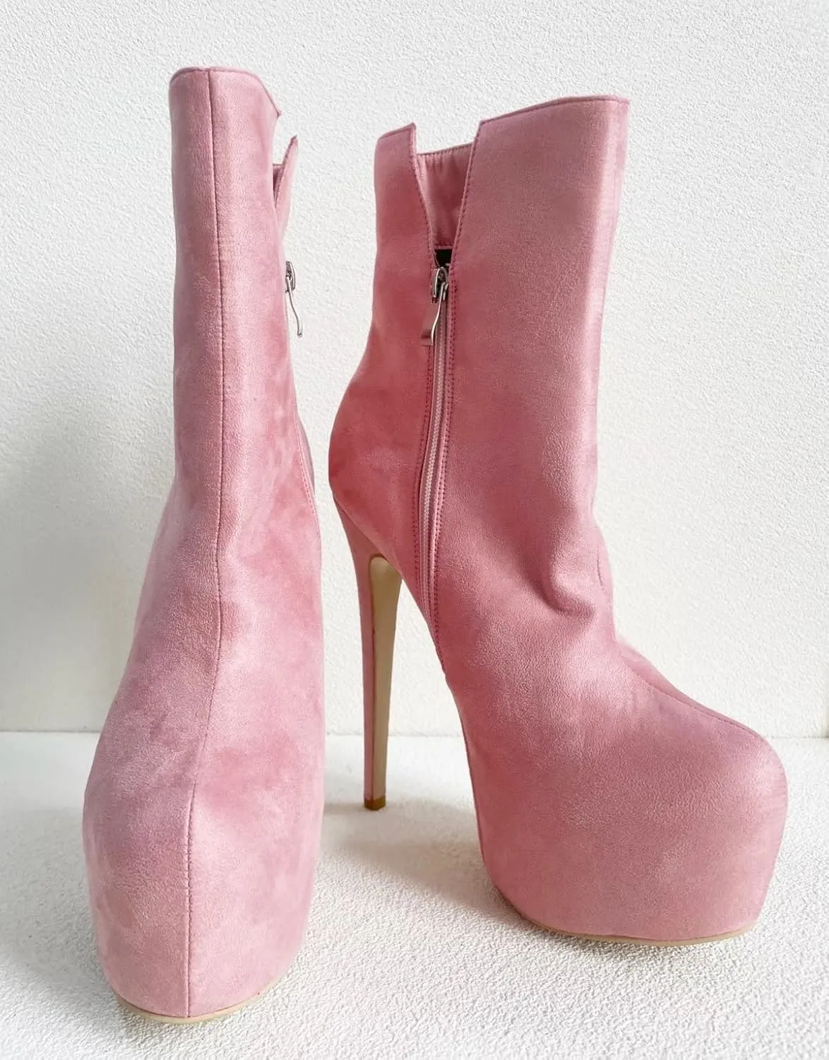 Frankie Hsu Sexy Stiletto Platform Super High Heeled Short Boots, Classic Pink Faux Suede Fashion Style, Big Large Size Designer Spike Ankle Bootie For Women US4-19