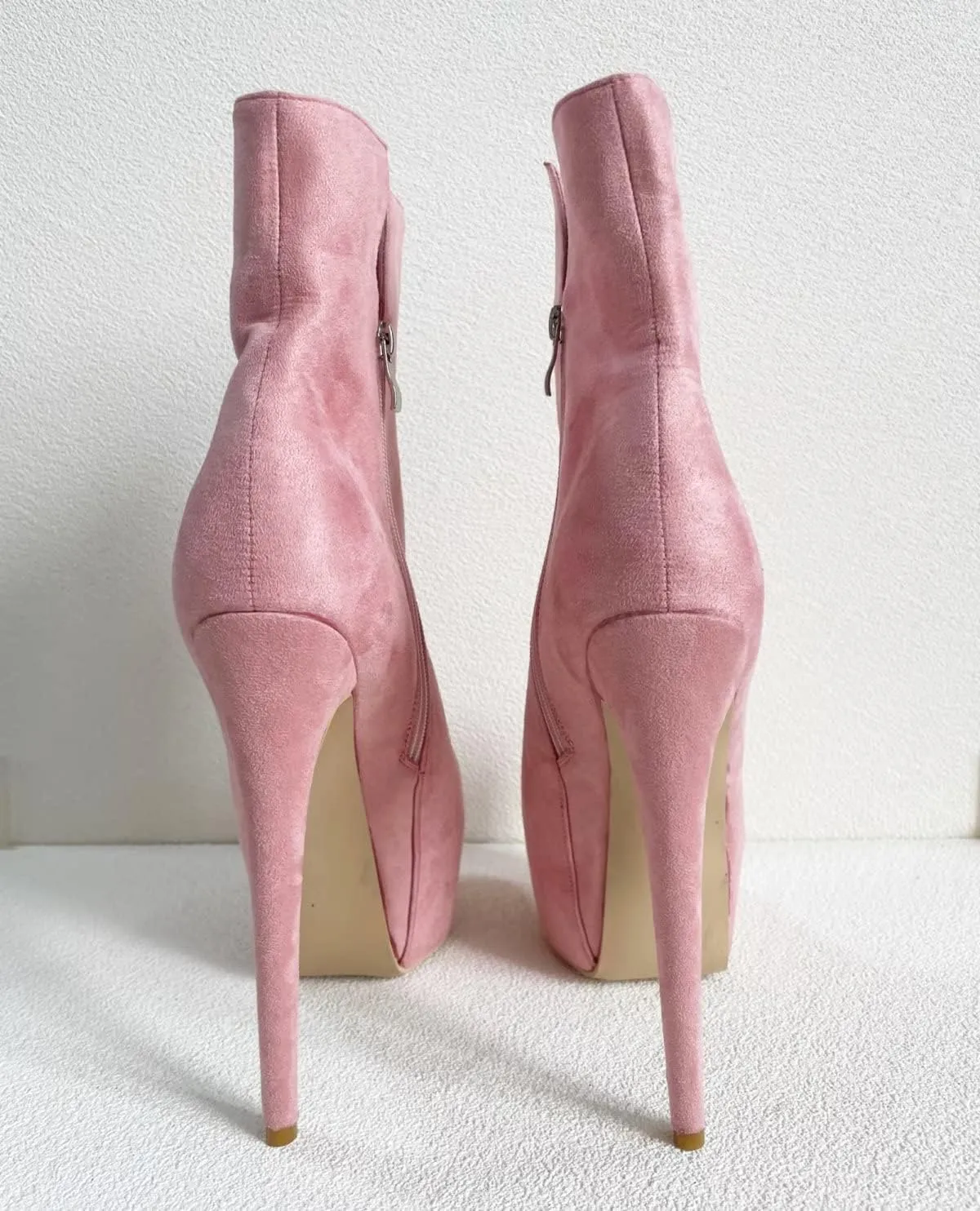 Frankie Hsu Sexy Stiletto Platform Super High Heeled Short Boots, Classic Pink Faux Suede Fashion Style, Big Large Size Designer Spike Ankle Bootie For Women US4-19