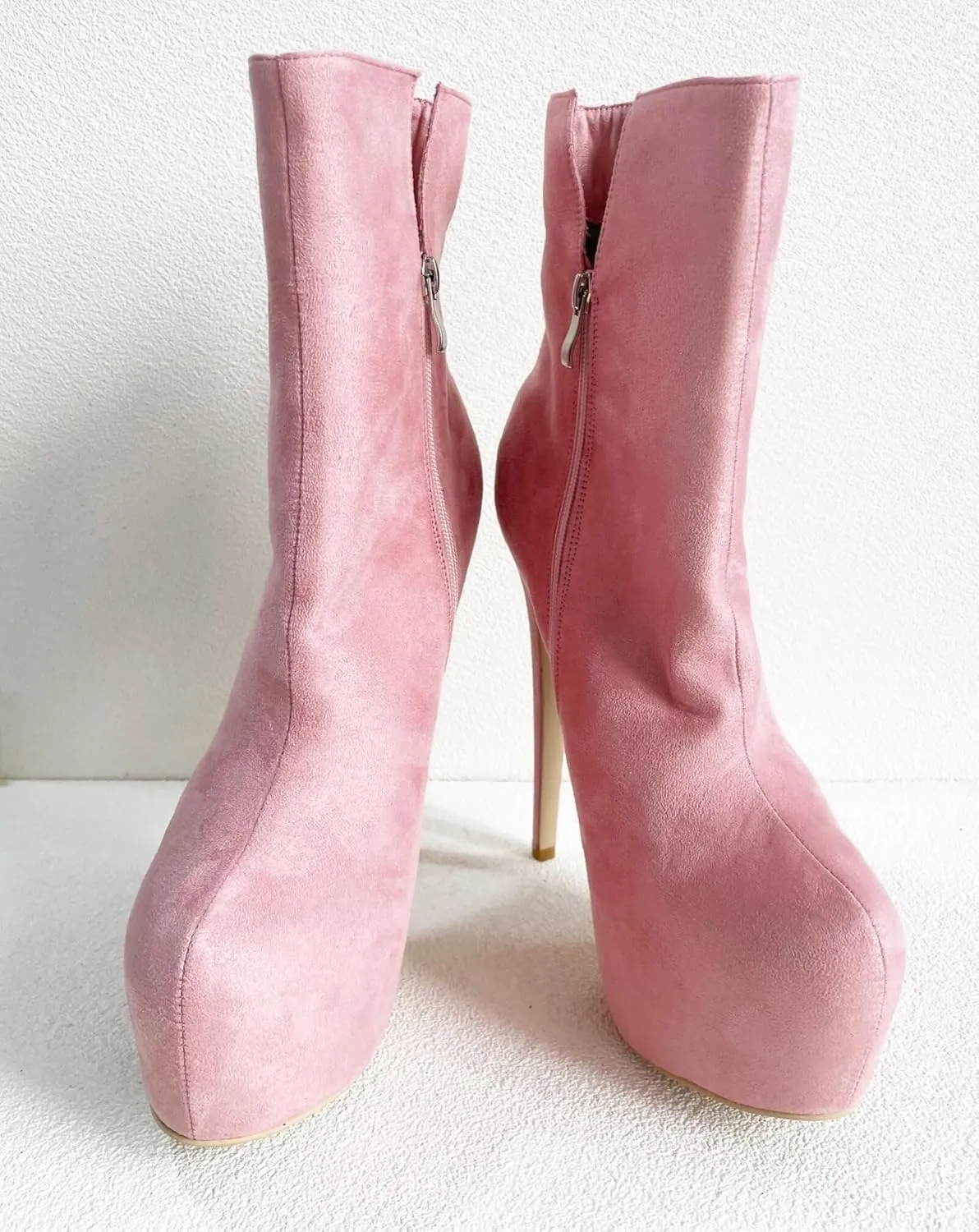 Frankie Hsu Sexy Stiletto Platform Super High Heeled Short Boots, Classic Pink Faux Suede Fashion Style, Big Large Size Designer Spike Ankle Bootie For Women US4-19