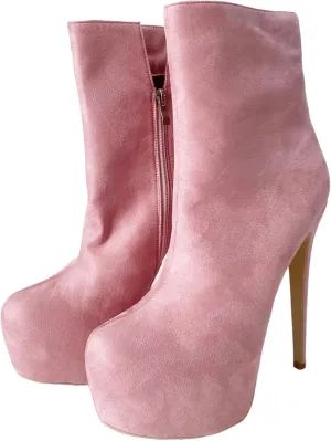 Frankie Hsu Sexy Stiletto Platform Super High Heeled Short Boots, Classic Pink Faux Suede Fashion Style, Big Large Size Designer Spike Ankle Bootie For Women US4-19
