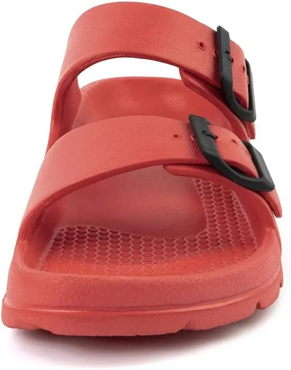 FUNKYMONKEY Women's Comfort Slides Double Buckle Adjustable Plastics Flat Sandals