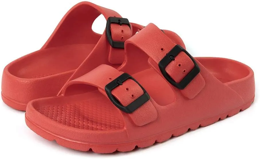 FUNKYMONKEY Women's Comfort Slides Double Buckle Adjustable Plastics Flat Sandals