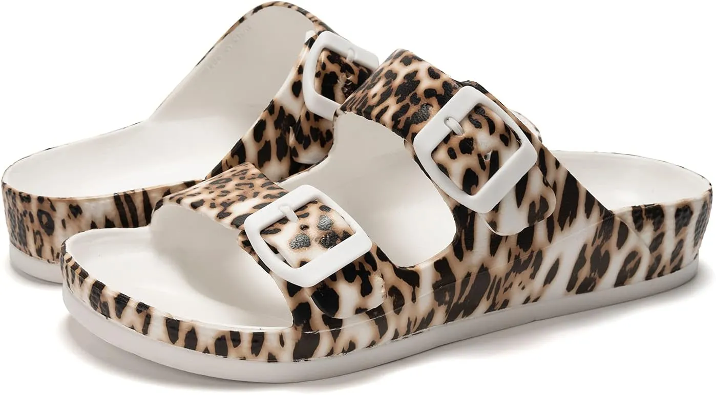 FUNKYMONKEY Women's Comfort Slides Double Buckle Adjustable Plastics Flat Sandals