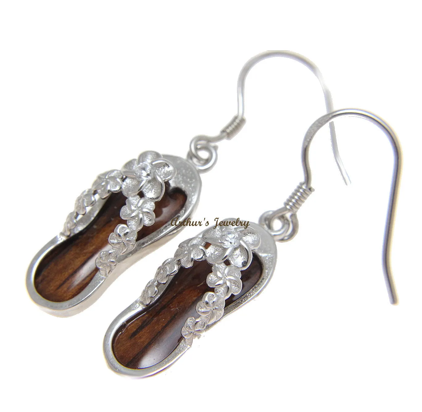 GENUINE HAWAIIAN KOA WOOD PLUMERIA FLOWER LEI HOOK EARRINGS 925 STERLING SILVER