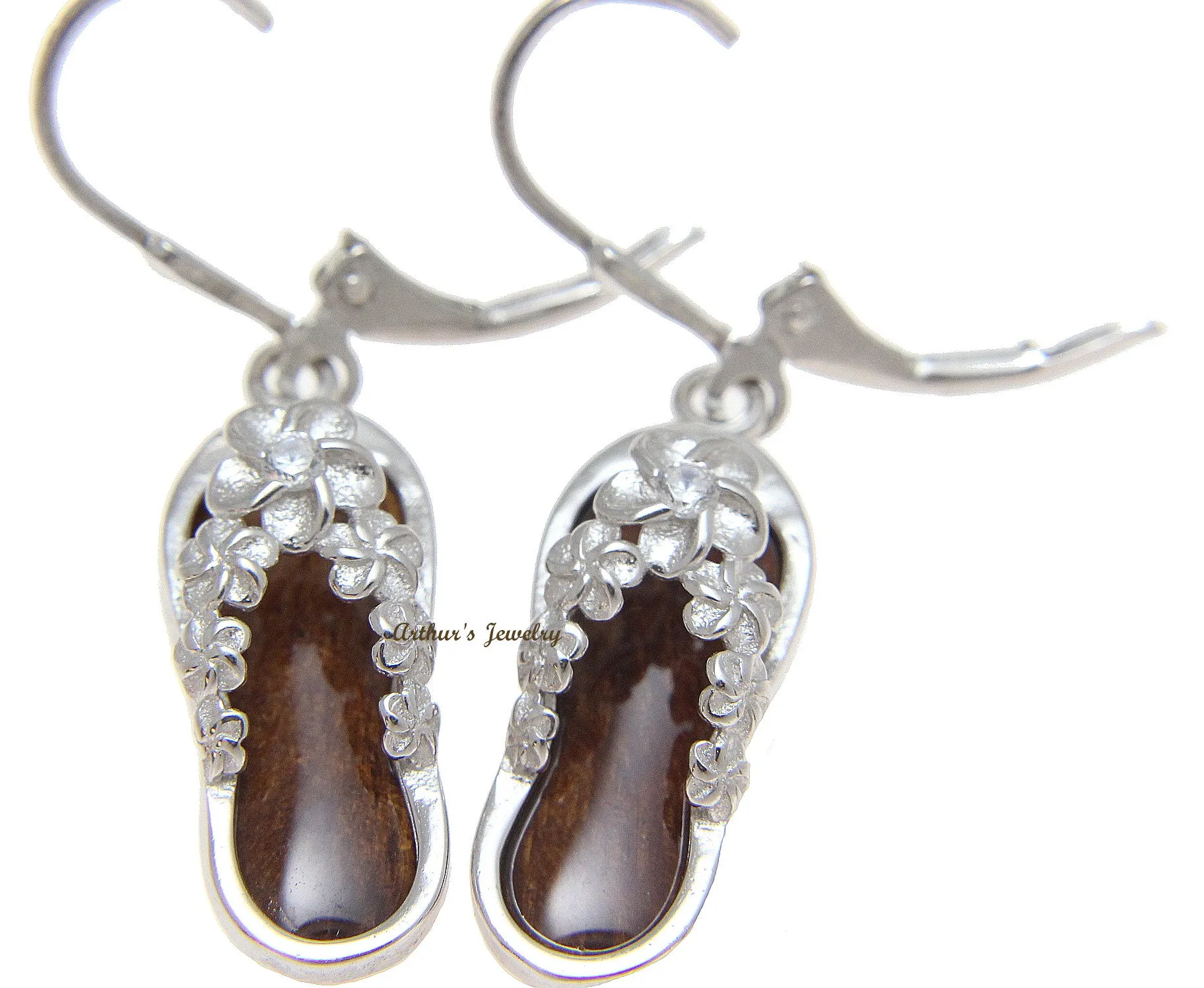 GENUINE HAWAIIAN KOA WOOD PLUMERIA FLOWER LEI LEVERBACK EARRINGS 925 SILVER