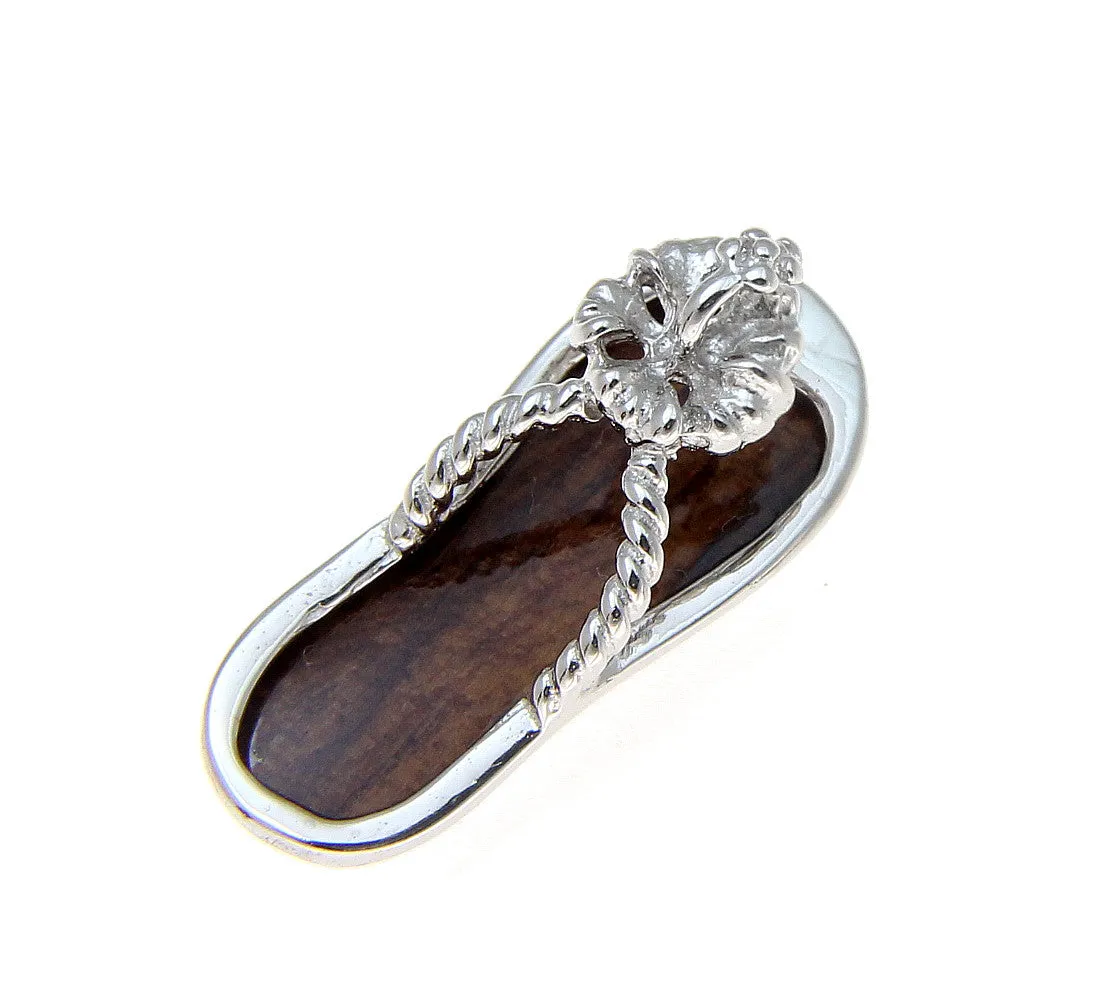GENUINE HAWAIIAN KOA WOOD SLIPPER FLIP FLOP HIBISCUS PENDANT 925 STERLING SILVER