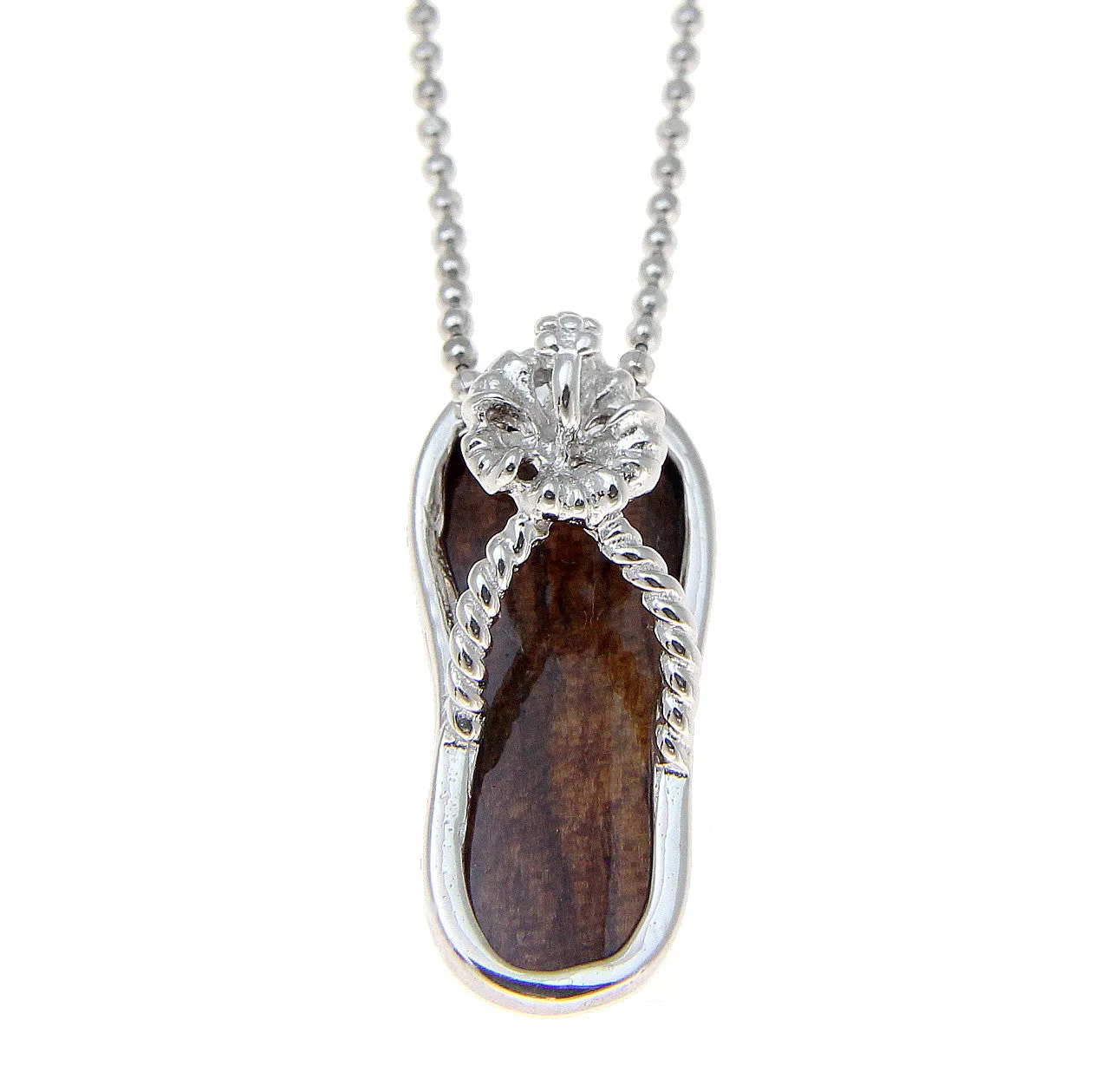 GENUINE HAWAIIAN KOA WOOD SLIPPER FLIP FLOP HIBISCUS PENDANT 925 STERLING SILVER