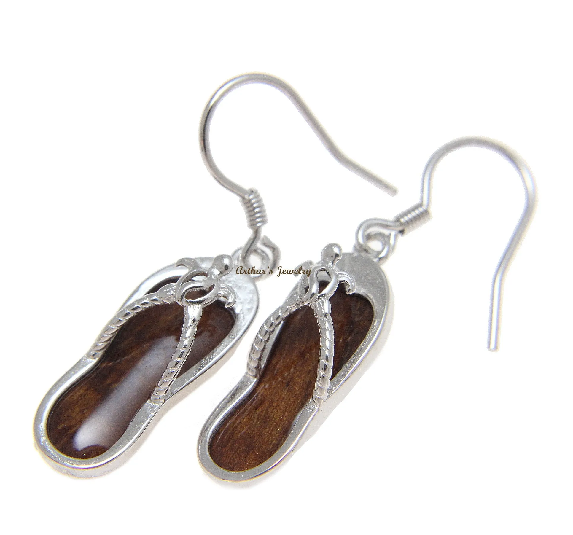 GENUINE HAWAIIAN KOA WOOD SLIPPER HONU TURTLE HOOK EARRINGS 925 STERLING SILVER