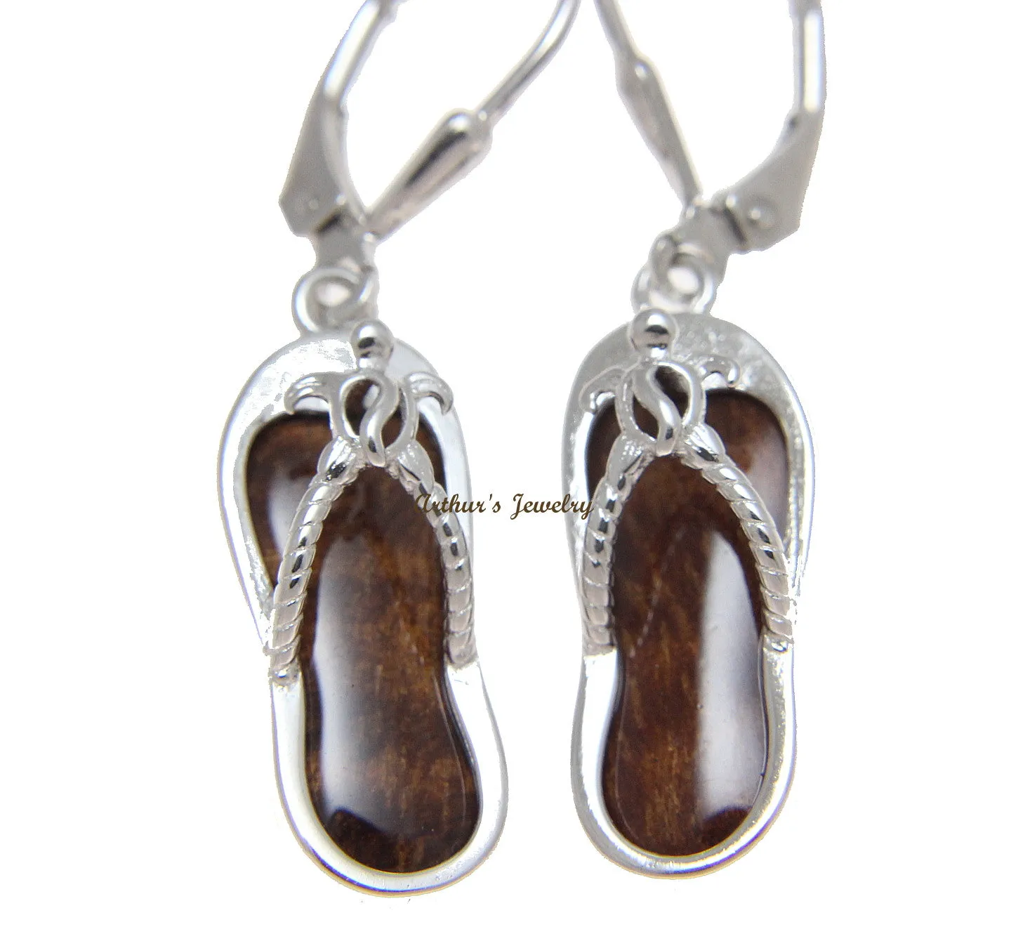 GENUINE HAWAIIAN KOA WOOD SLIPPER HONU TURTLE LEVERBACK EARRINGS 925 STERLING SILVER