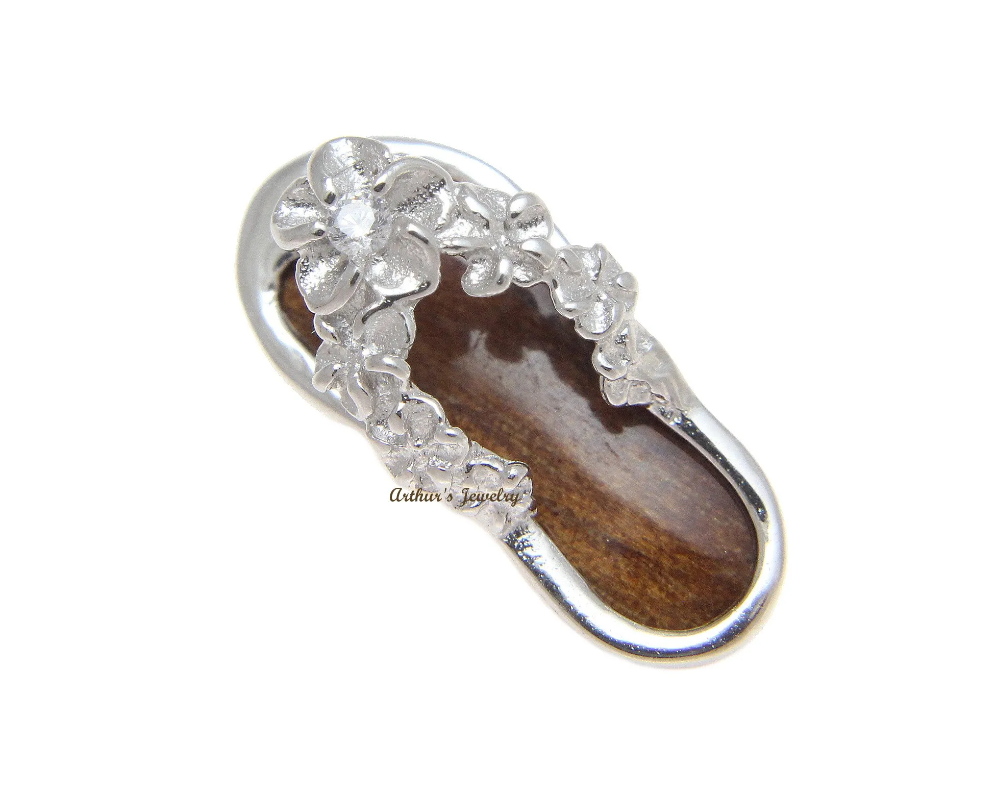 GENUINE HAWAIIAN KOA WOOD SLIPPER PLUMERIA FLOWER PENDANT 925 STERLING SILVER