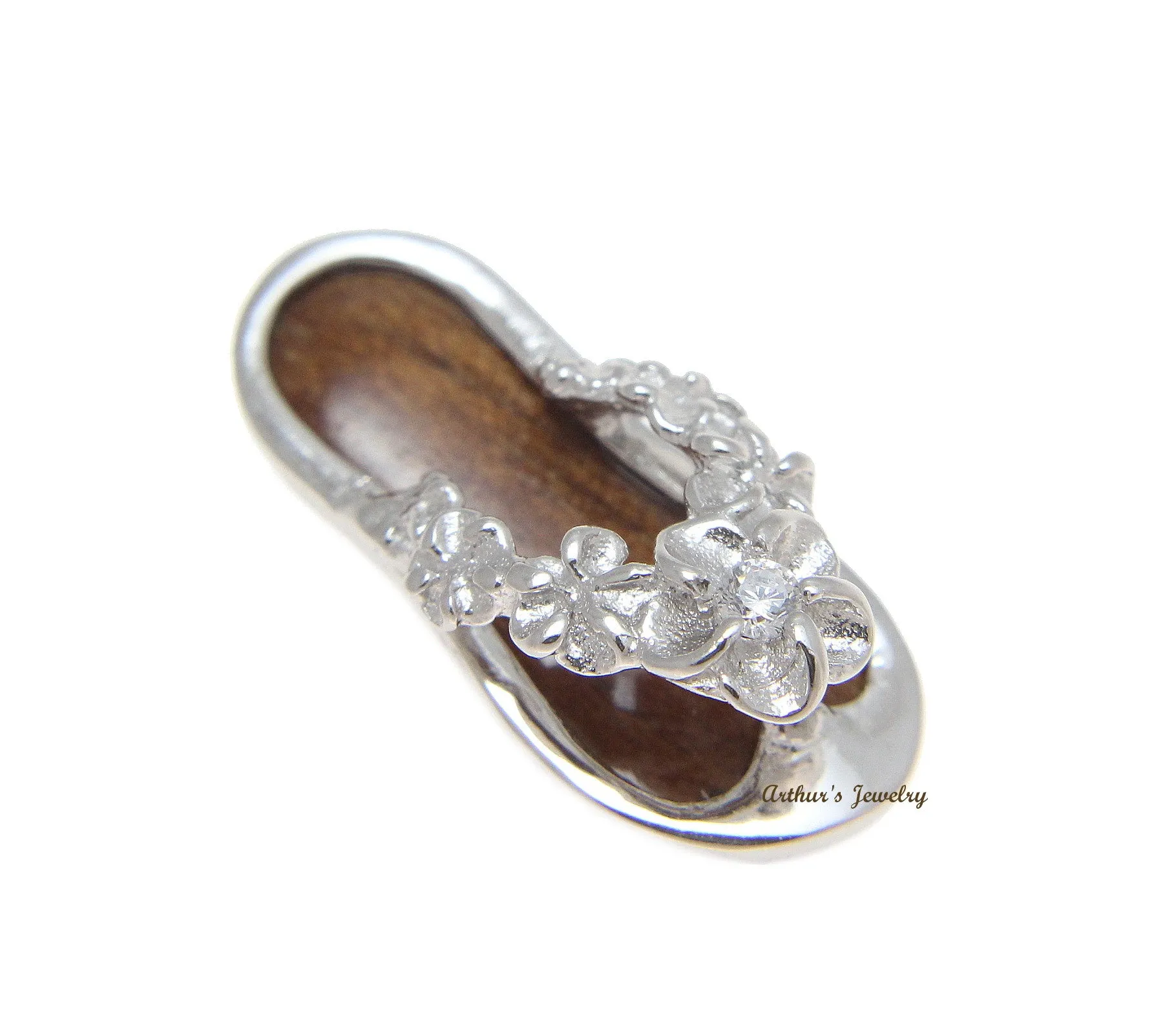 GENUINE HAWAIIAN KOA WOOD SLIPPER PLUMERIA FLOWER PENDANT 925 STERLING SILVER