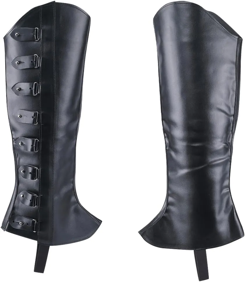 GORGECRAFT 2PCS Black Leather Pirate Leg Covers Medieval Leg Guards Gaiters Retro Renaissance PU Leather Boot Covers Imitation Leather Boot Tops Wraps for Halloween Knight Cosplay Costume Accessories