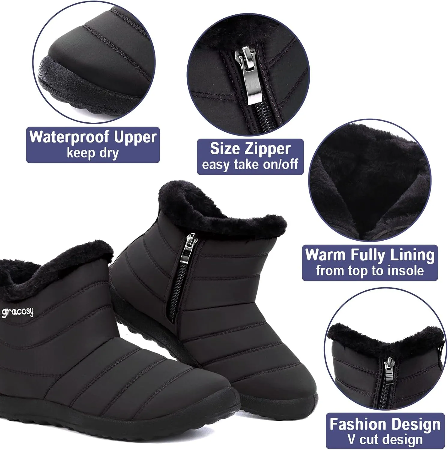 gracosy Snow Boots for Women, Warm Ankle Bootie Waterproof Outdoor Snow Anit-Slip Boots Slip On Lined Winter Shoes for Ladies