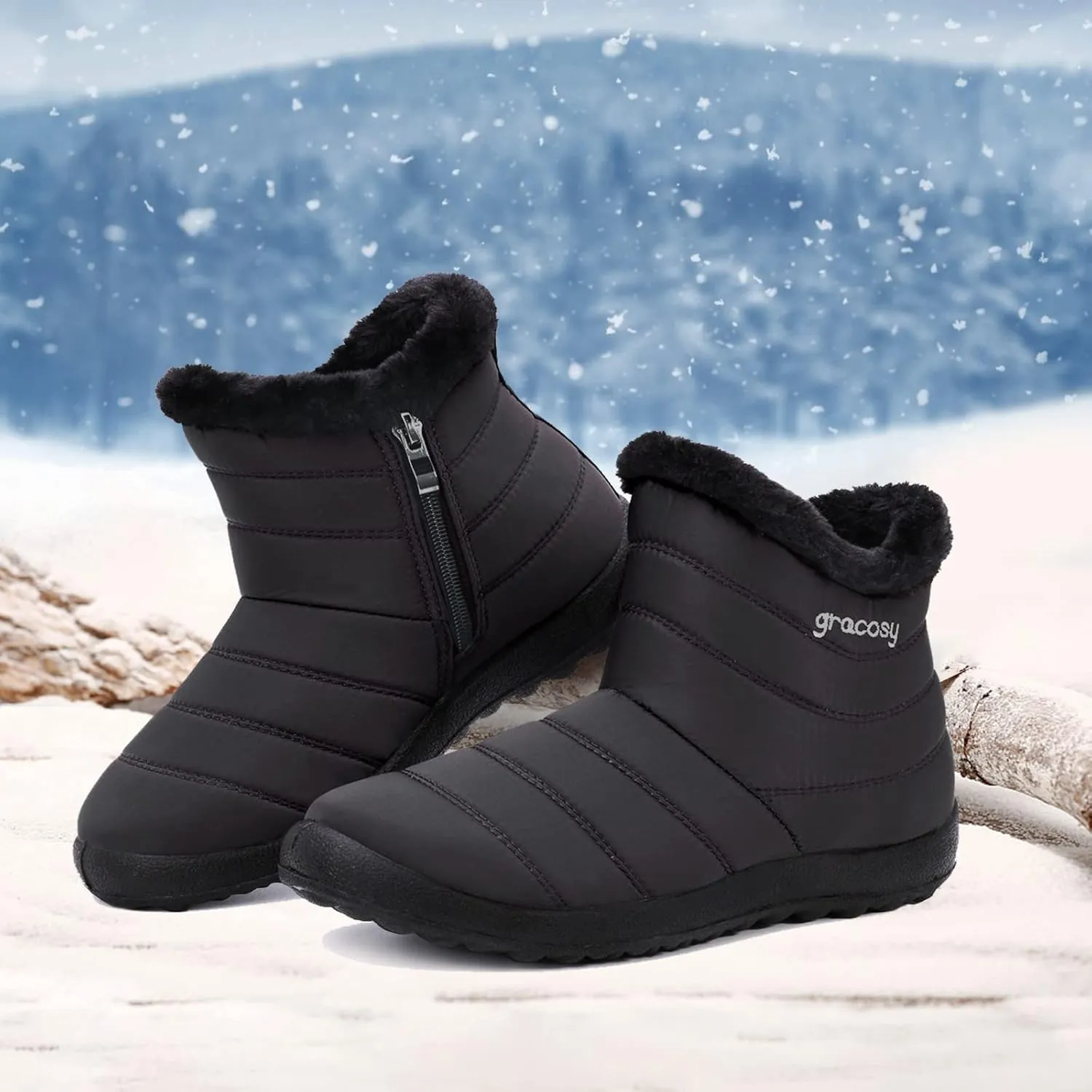 gracosy Snow Boots for Women, Warm Ankle Bootie Waterproof Outdoor Snow Anit-Slip Boots Slip On Lined Winter Shoes for Ladies