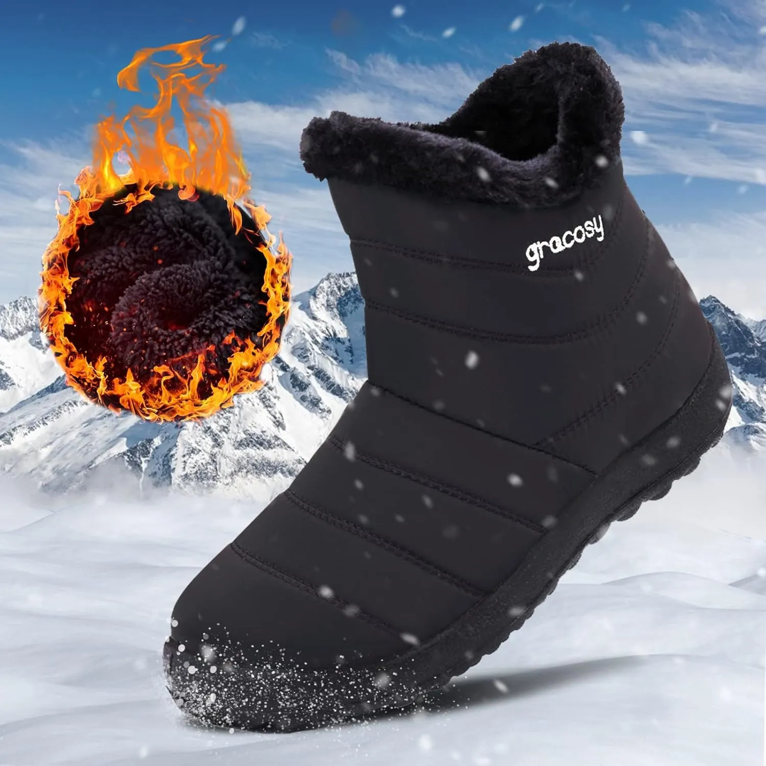 gracosy Snow Boots for Women, Warm Ankle Bootie Waterproof Outdoor Snow Anit-Slip Boots Slip On Lined Winter Shoes for Ladies
