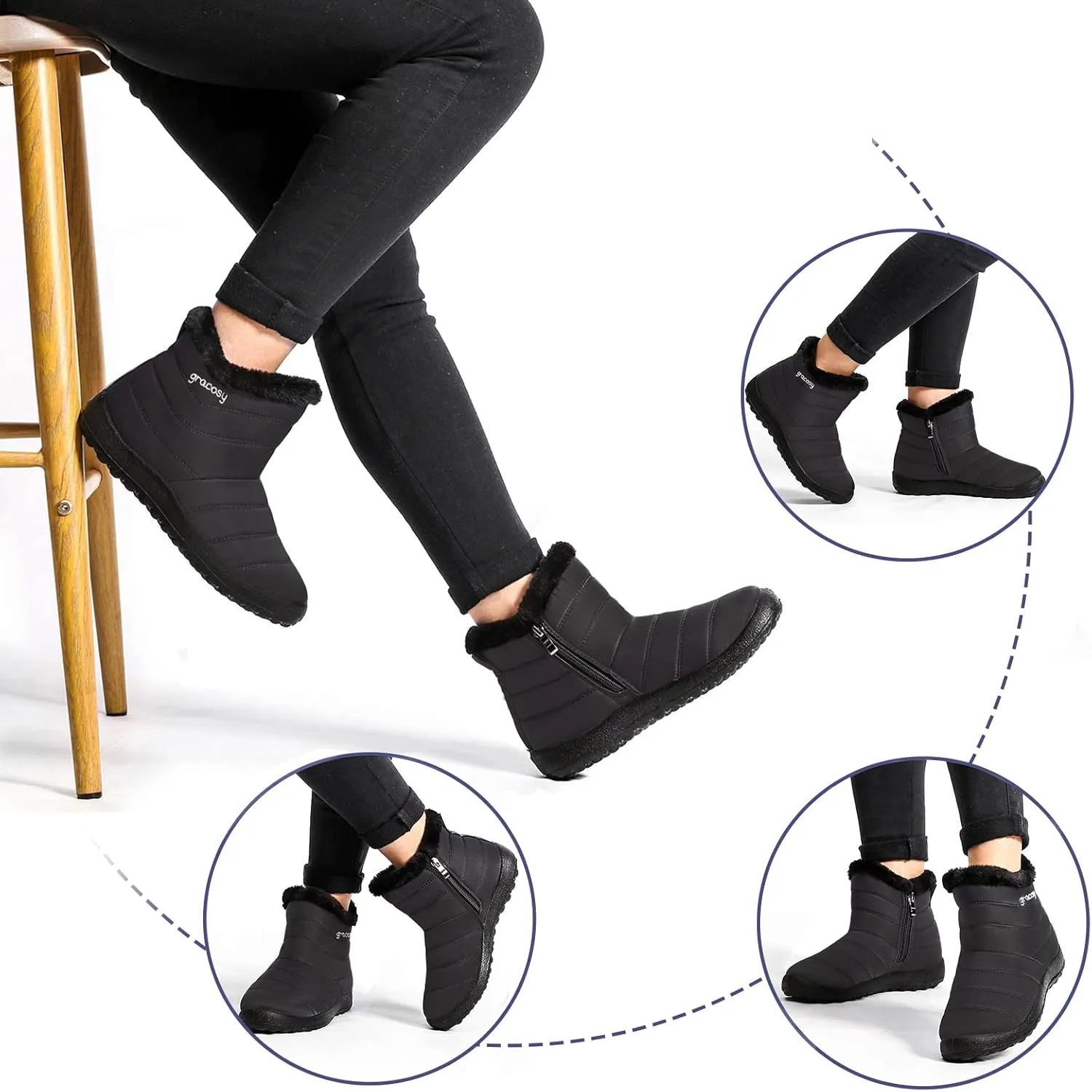 gracosy Snow Boots for Women, Warm Ankle Bootie Waterproof Outdoor Snow Anit-Slip Boots Slip On Lined Winter Shoes for Ladies