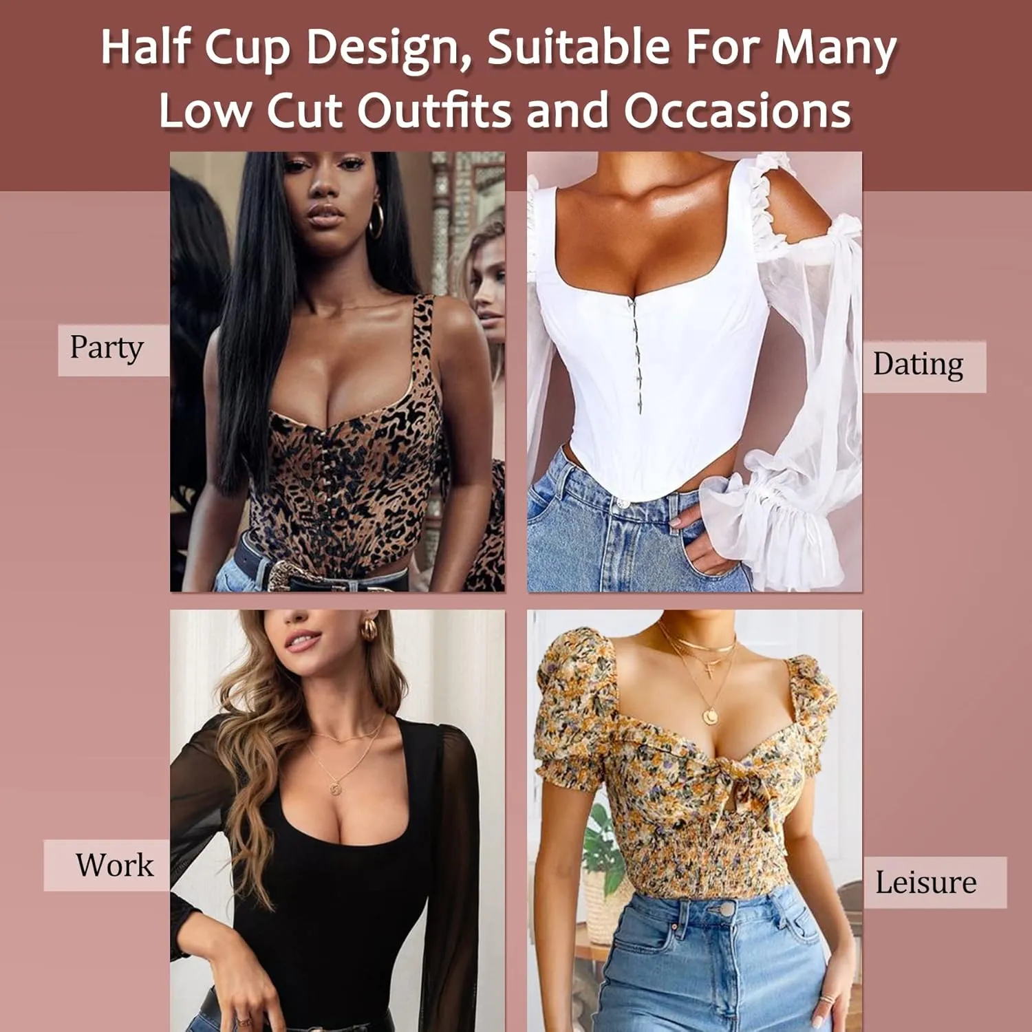 HACI Women's Sexy Balconette Bra Demi Half Cup Scoop Neck Push Up Lightly Padded Shelf Underwire Low Cut