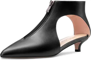 HDEUOLM Womens Low Kitten Heel Pointed Toe Pumps Slip-on Zipper Casual Cute 1.4 Inches Heels
