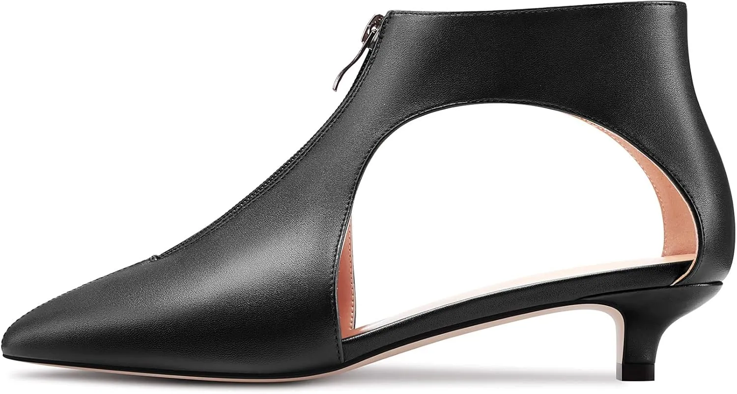 HDEUOLM Womens Low Kitten Heel Pointed Toe Pumps Slip-on Zipper Casual Cute 1.4 Inches Heels